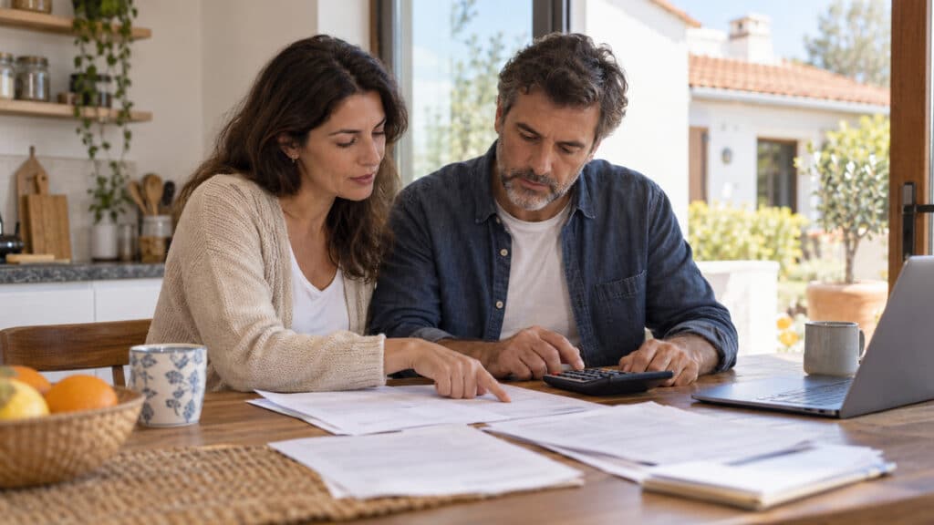 Família analisa o contrato e a prestação do crédito à habitação